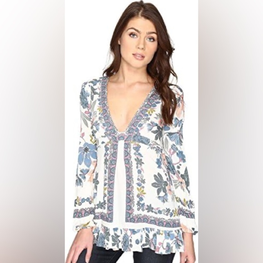 Free People Violet Hill Babydoll Boho Blouse Top - Sz 8 - Picture 2 of 12